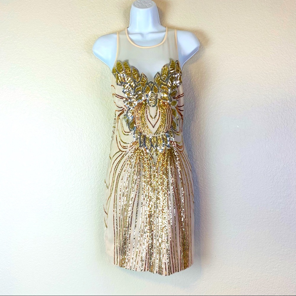 Bebe Blush Mesh Sequin Embellished Bodycon Dress Size M